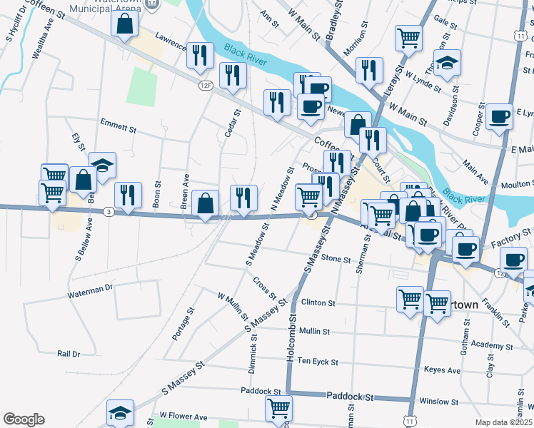 map of restaurants, bars, coffee shops, grocery stores, and more near 109 North Meadow Street in Watertown