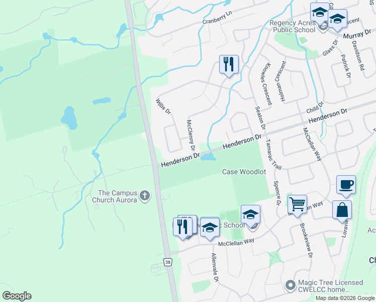 map of restaurants, bars, coffee shops, grocery stores, and more near 213 Willis Drive in Aurora