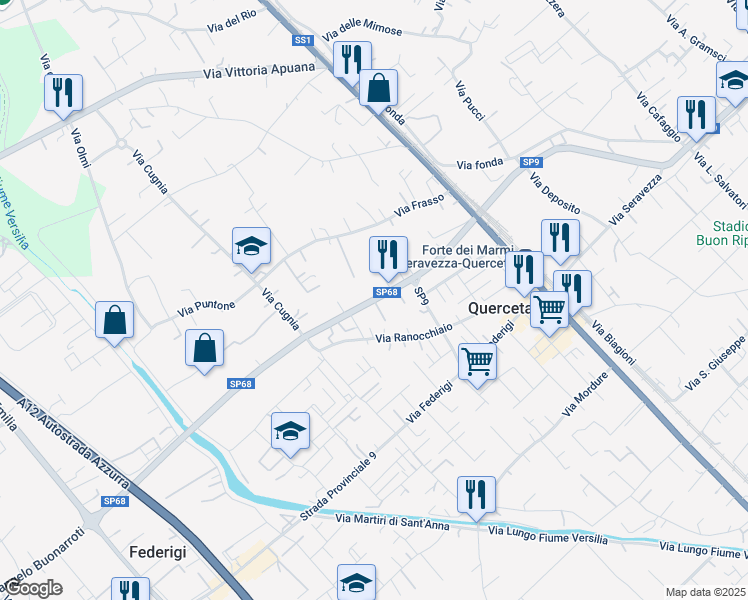 map of restaurants, bars, coffee shops, grocery stores, and more near Strada Provinciale 68 in Ripa- Pozzi-Ponterosso
