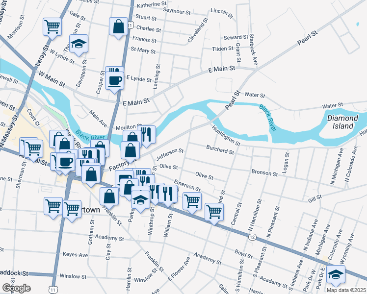 map of restaurants, bars, coffee shops, grocery stores, and more near 514 New York 283 in Watertown