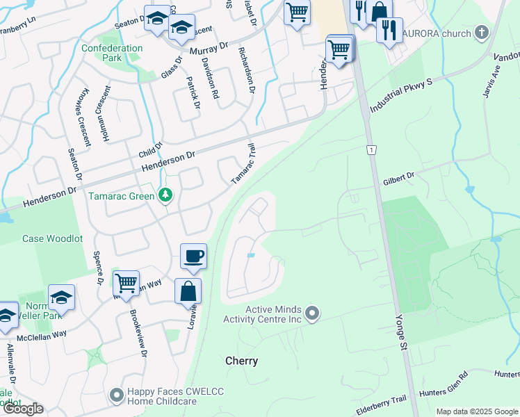 map of restaurants, bars, coffee shops, grocery stores, and more near 92 Maple Fields Circle in Aurora