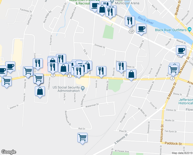 map of restaurants, bars, coffee shops, grocery stores, and more near Arsenal Street in Watertown