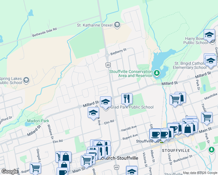 map of restaurants, bars, coffee shops, grocery stores, and more near 12568 Ninth Line in Whitchurch-Stouffville