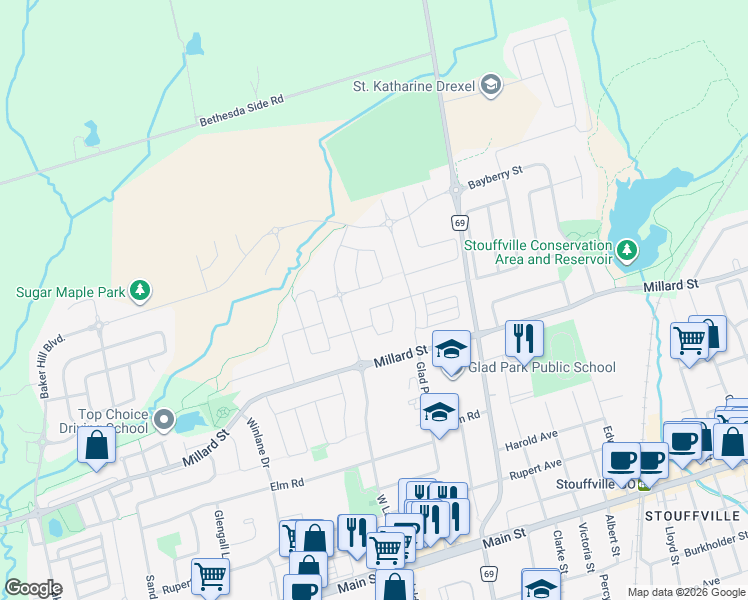 map of restaurants, bars, coffee shops, grocery stores, and more near 191 John Davis Gate in Whitchurch-Stouffville