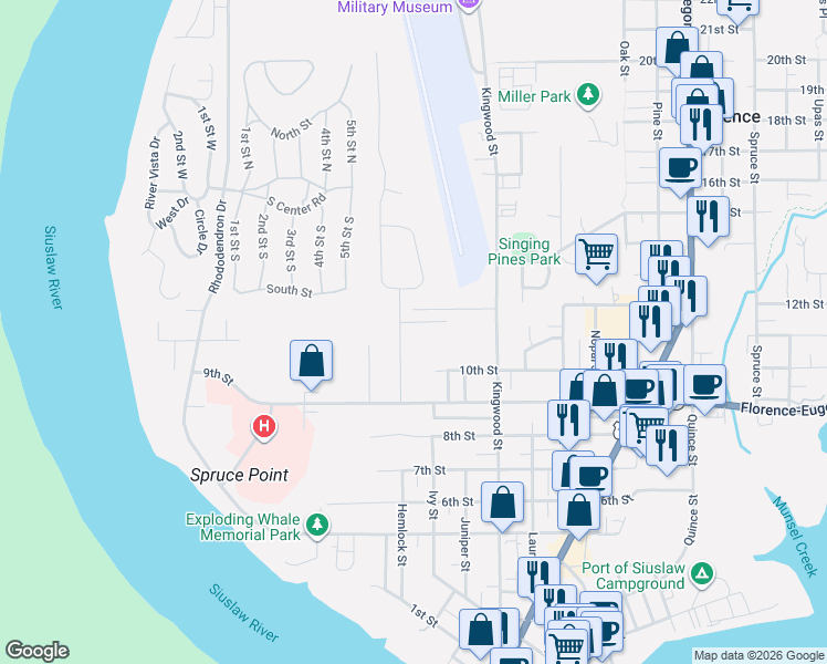 map of restaurants, bars, coffee shops, grocery stores, and more near 1150 Hemlock Street in Florence