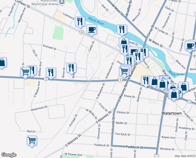 map of restaurants, bars, coffee shops, grocery stores, and more near 111 Scio Street in Watertown
