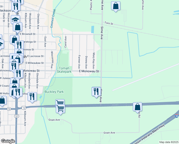 map of restaurants, bars, coffee shops, grocery stores, and more near 1012 Donna Avenue in Tomah
