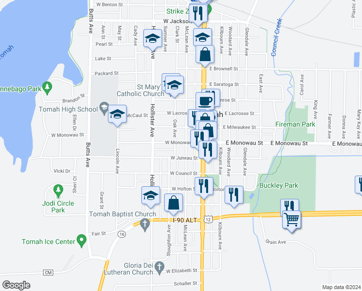 map of restaurants, bars, coffee shops, grocery stores, and more near 213 West Monowau Street in Tomah