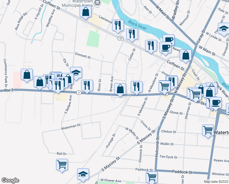 map of restaurants, bars, coffee shops, grocery stores, and more near 652 Arsenal Street in Watertown