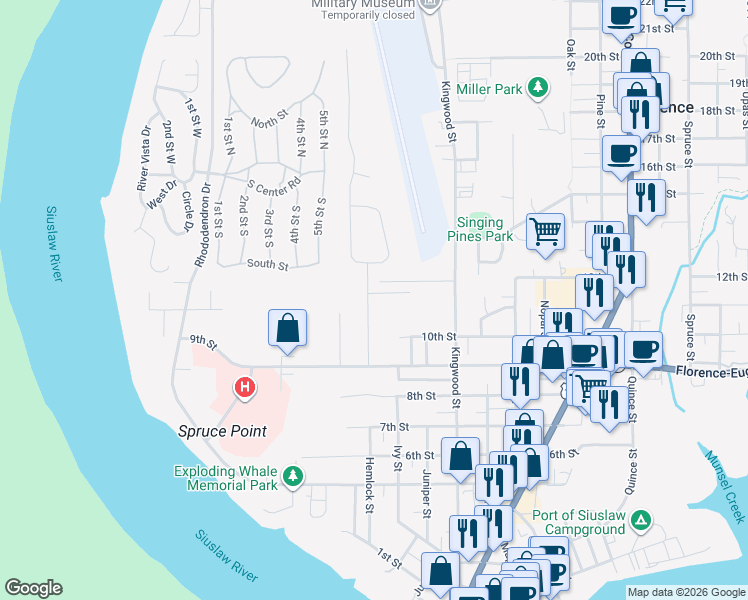 map of restaurants, bars, coffee shops, grocery stores, and more near 1150 Hemlock Street in Florence