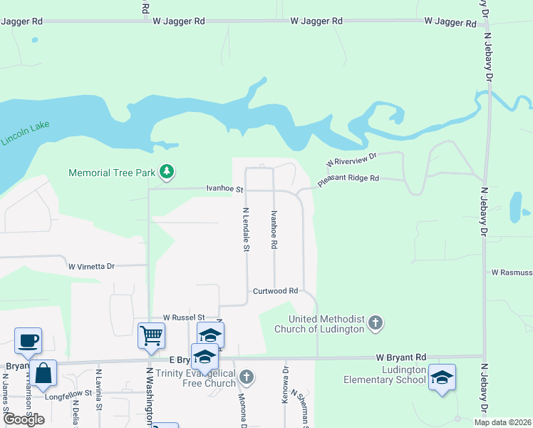 map of restaurants, bars, coffee shops, grocery stores, and more near 1424 North Lendale Street in Ludington