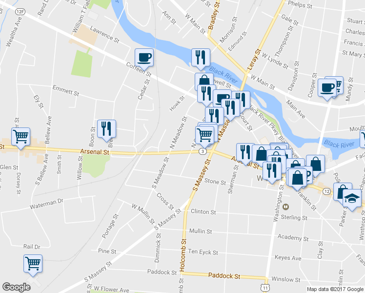map of restaurants, bars, coffee shops, grocery stores, and more near 418 Arsenal Street in Watertown
