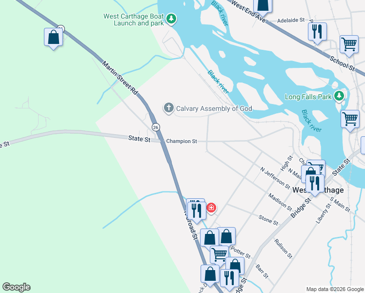 map of restaurants, bars, coffee shops, grocery stores, and more near 91 Champion Street in Carthage