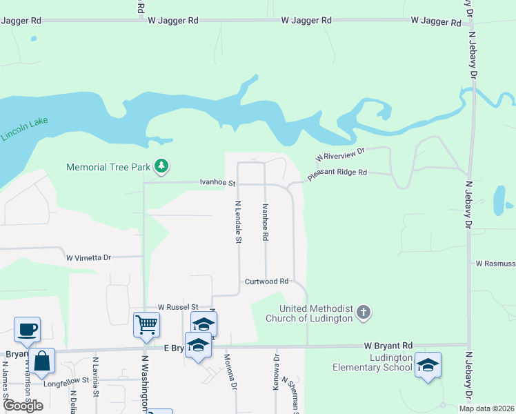 map of restaurants, bars, coffee shops, grocery stores, and more near 1424 North Lendale Street in Ludington