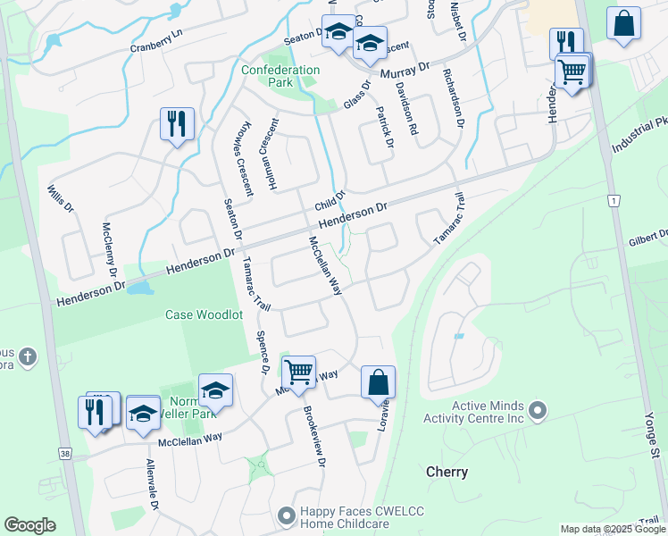 map of restaurants, bars, coffee shops, grocery stores, and more near 31 McClellan Way in Aurora