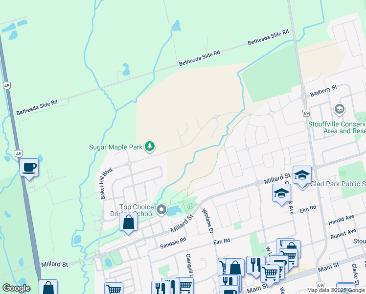 map of restaurants, bars, coffee shops, grocery stores, and more near Baker Hill Boulevard in Whitchurch-Stouffville