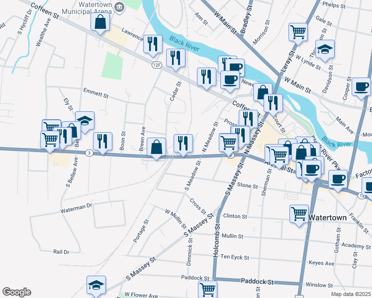 map of restaurants, bars, coffee shops, grocery stores, and more near 111 Scio Street in Watertown