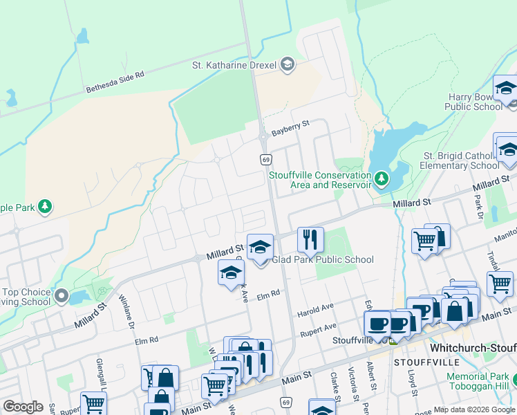 map of restaurants, bars, coffee shops, grocery stores, and more near 334 John Davis Gate in Whitchurch-Stouffville