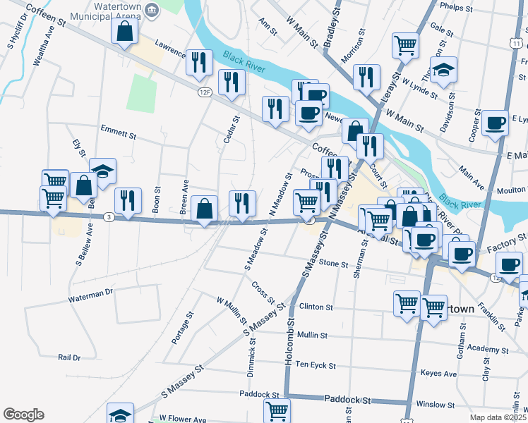 map of restaurants, bars, coffee shops, grocery stores, and more near 109 N Meadow St in Watertown
