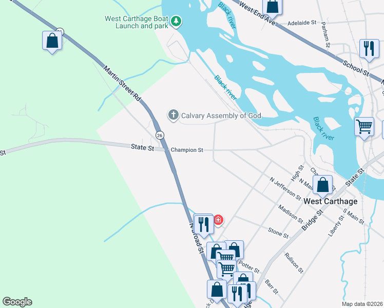 map of restaurants, bars, coffee shops, grocery stores, and more near 89 Champion Street in Carthage