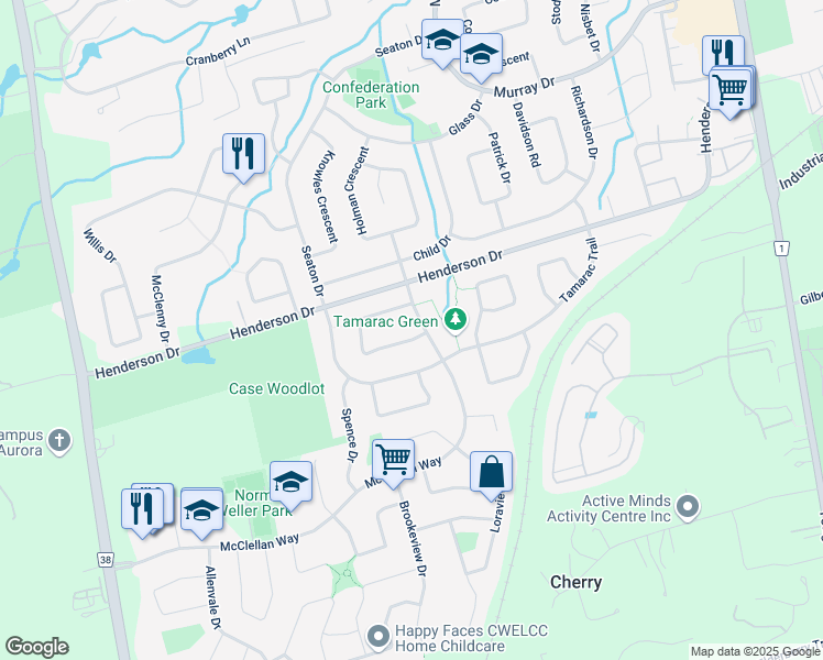 map of restaurants, bars, coffee shops, grocery stores, and more near 63 Haskell Crescent in Aurora