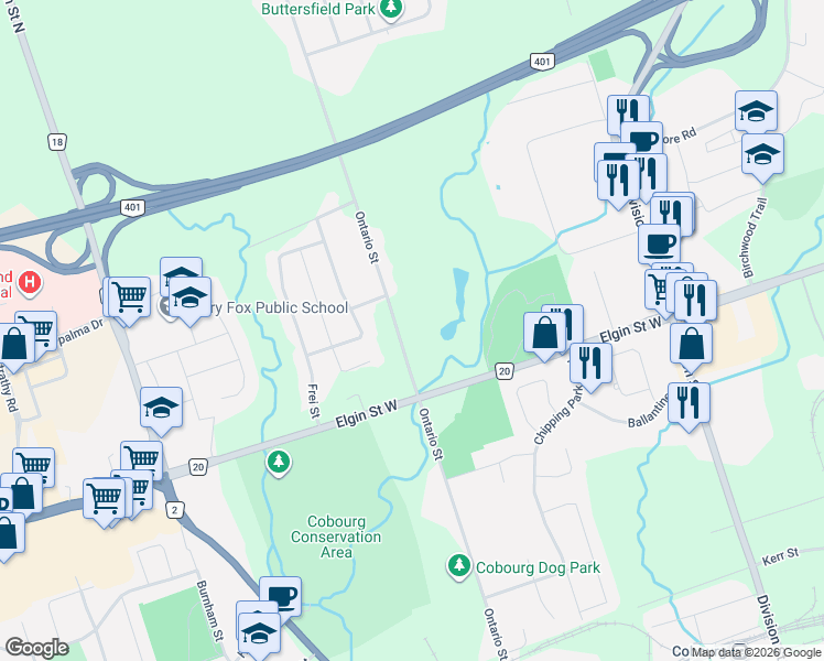 map of restaurants, bars, coffee shops, grocery stores, and more near 1002 Ontario Street in Cobourg