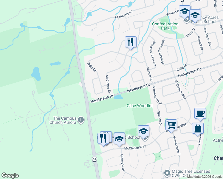 map of restaurants, bars, coffee shops, grocery stores, and more near 8 McClenny Drive in Aurora