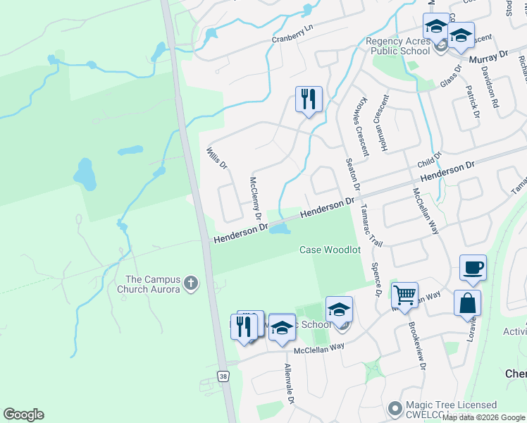 map of restaurants, bars, coffee shops, grocery stores, and more near 6 McClenny Drive in Aurora