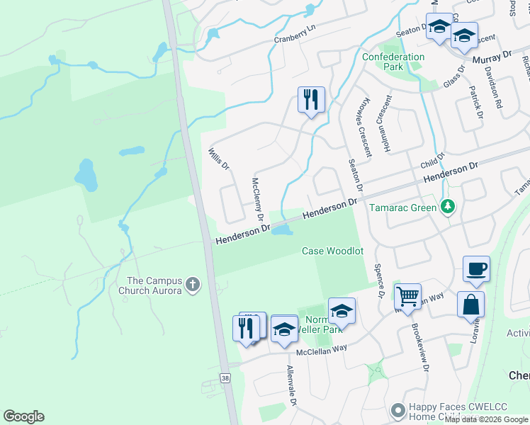 map of restaurants, bars, coffee shops, grocery stores, and more near 6 McClenny Drive in Aurora