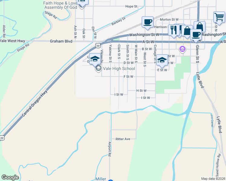 map of restaurants, bars, coffee shops, grocery stores, and more near 708 Yakima Street South in Vale