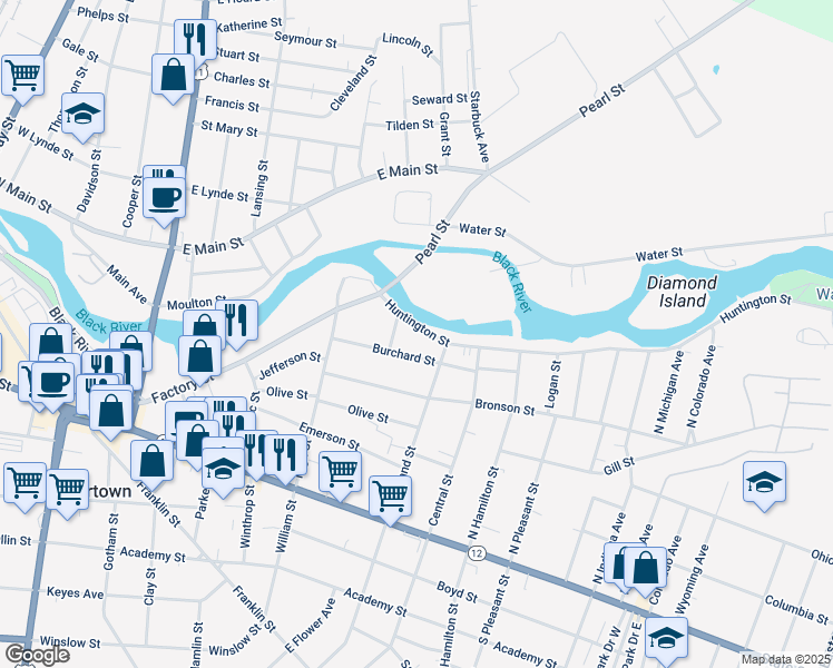 map of restaurants, bars, coffee shops, grocery stores, and more near 728 Huntington St in Watertown