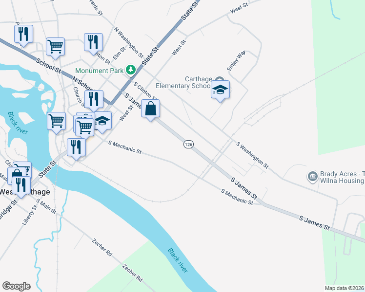 map of restaurants, bars, coffee shops, grocery stores, and more near 418 South James Street in Carthage
