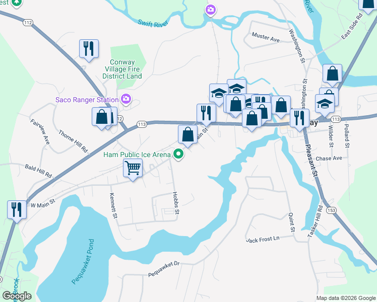 map of restaurants, bars, coffee shops, grocery stores, and more near 63 West Main Street in Conway