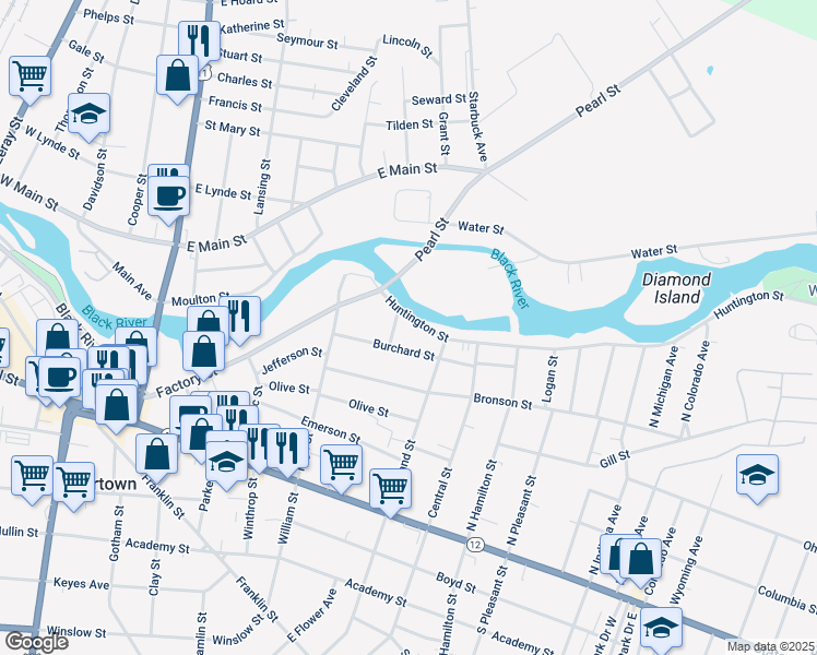 map of restaurants, bars, coffee shops, grocery stores, and more near 728 Huntington Street in Watertown