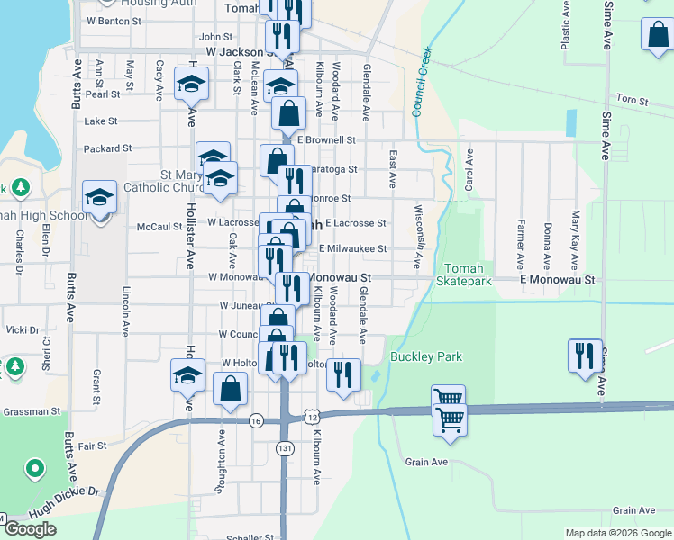map of restaurants, bars, coffee shops, grocery stores, and more near 302 East Monowau Street in Tomah