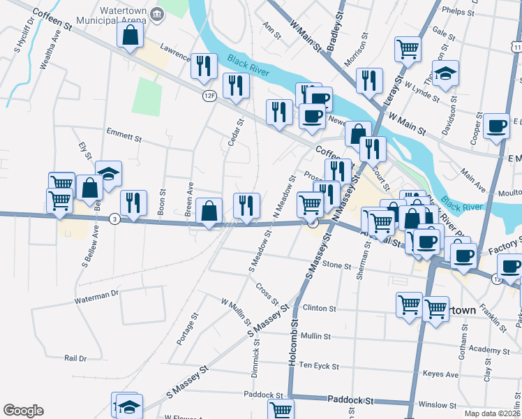 map of restaurants, bars, coffee shops, grocery stores, and more near 109 North Meadow Street in Watertown