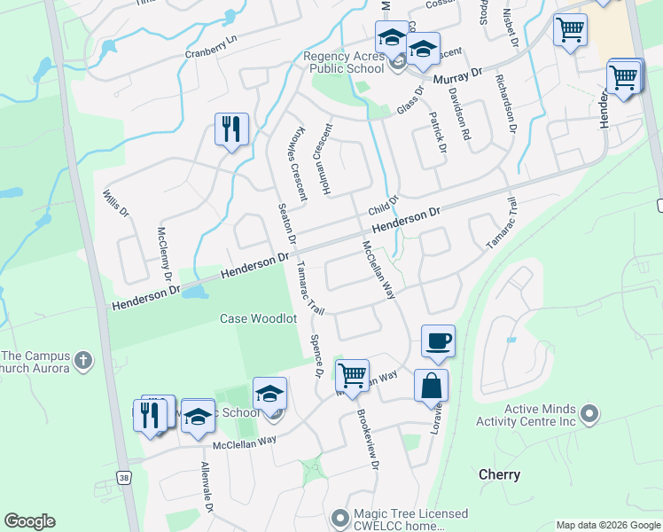 map of restaurants, bars, coffee shops, grocery stores, and more near 23 Haskell Crescent in Aurora