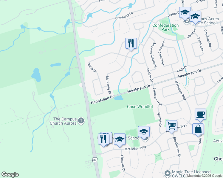map of restaurants, bars, coffee shops, grocery stores, and more near 8 McClenny Drive in Aurora