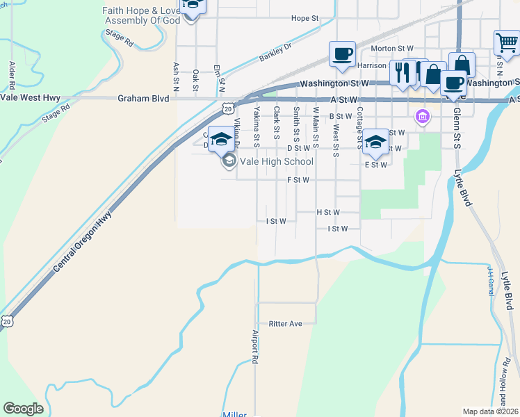 map of restaurants, bars, coffee shops, grocery stores, and more near 708 Yakima Street South in Vale