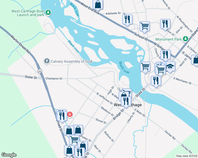 map of restaurants, bars, coffee shops, grocery stores, and more near 51 Champion Street in Carthage