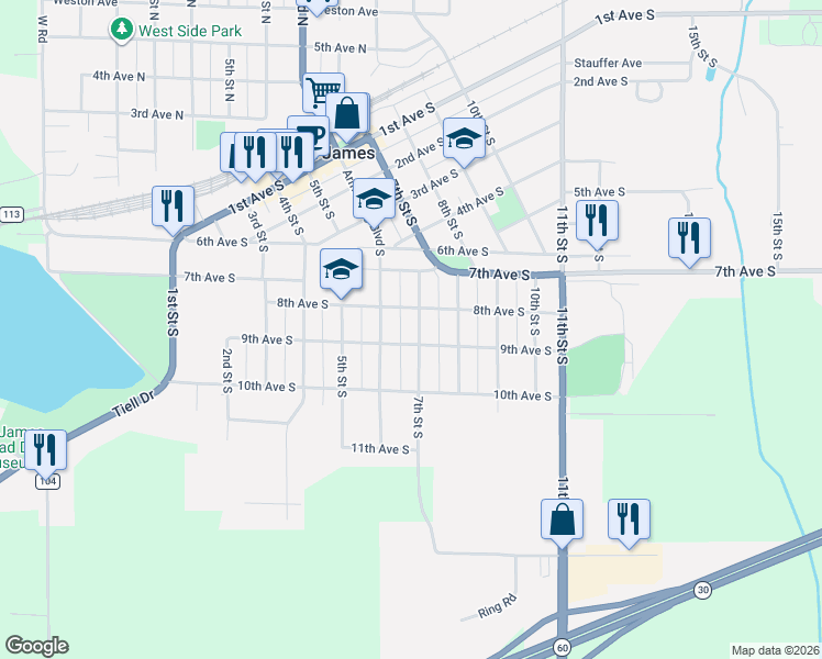 map of restaurants, bars, coffee shops, grocery stores, and more near 812 7th Street South in Saint James