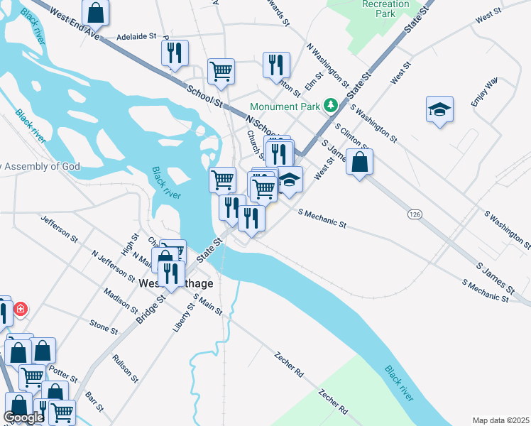 map of restaurants, bars, coffee shops, grocery stores, and more near 246 State Street in Carthage
