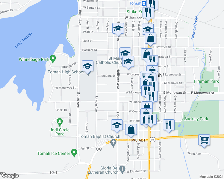 map of restaurants, bars, coffee shops, grocery stores, and more near 415 West Monowau Street in Tomah