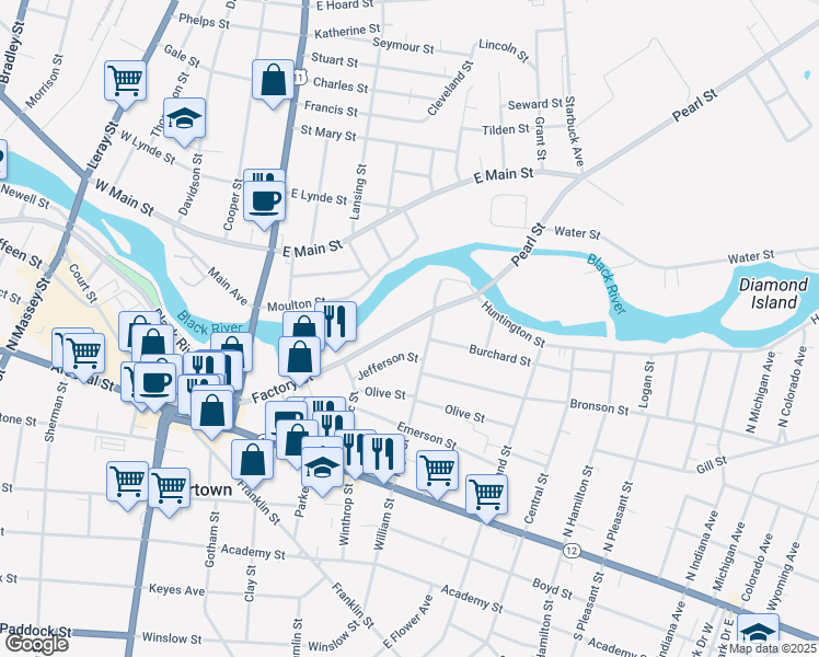 map of restaurants, bars, coffee shops, grocery stores, and more near 514 New York 283 in Watertown