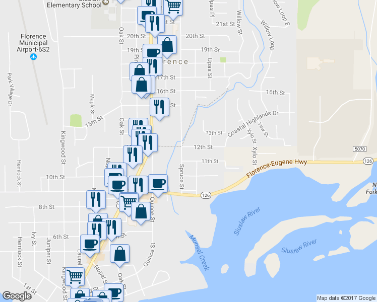 map of restaurants, bars, coffee shops, grocery stores, and more near 2046 12th Street in Florence