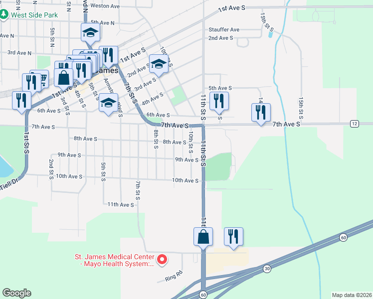 map of restaurants, bars, coffee shops, grocery stores, and more near 901 9th Street South in Saint James