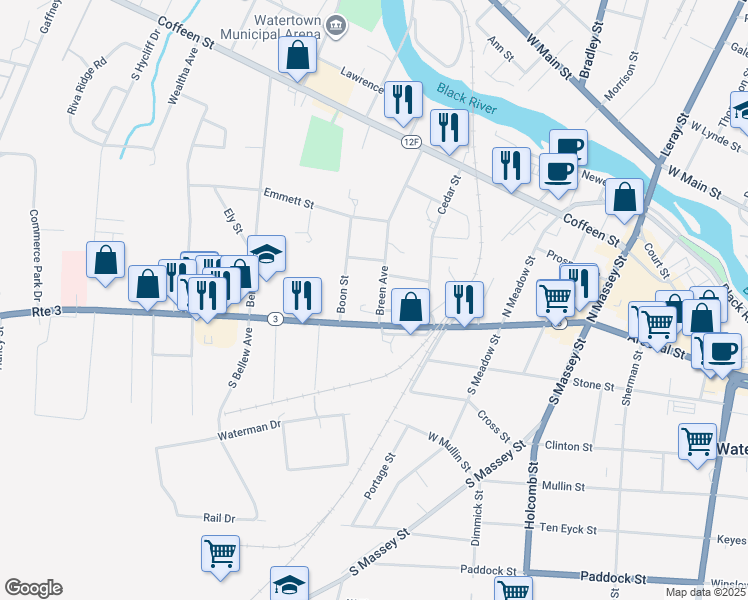 map of restaurants, bars, coffee shops, grocery stores, and more near 121 Breen Avenue in Watertown