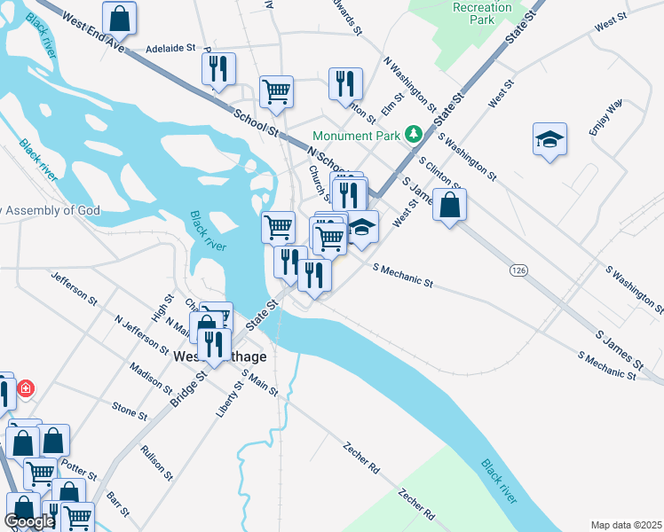 map of restaurants, bars, coffee shops, grocery stores, and more near 246 State Street in Carthage