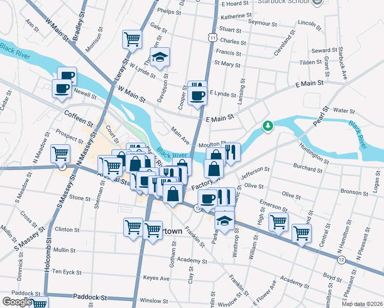 map of restaurants, bars, coffee shops, grocery stores, and more near 342 New York State Bicycle Route 11 in Watertown