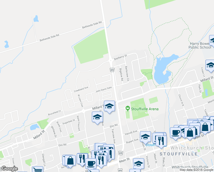 map of restaurants, bars, coffee shops, grocery stores, and more near 271 John Davis Gate in Whitchurch-Stouffville